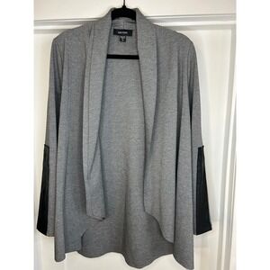 Karen Kane Gray Open Front Draped Cardigan Faux Leather Sleeve Accent Career